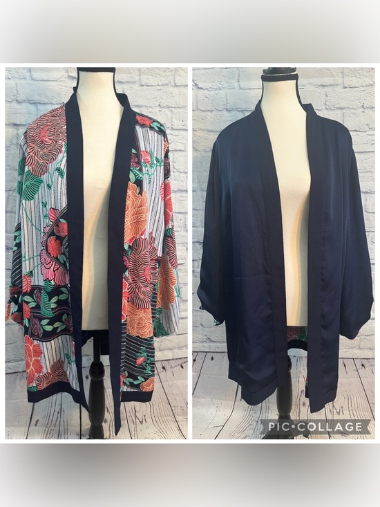 Chico's Other - Chico’s Reversible Kimono Duster Floral/Solid Navy Chicos 3 XL Open Front Boho